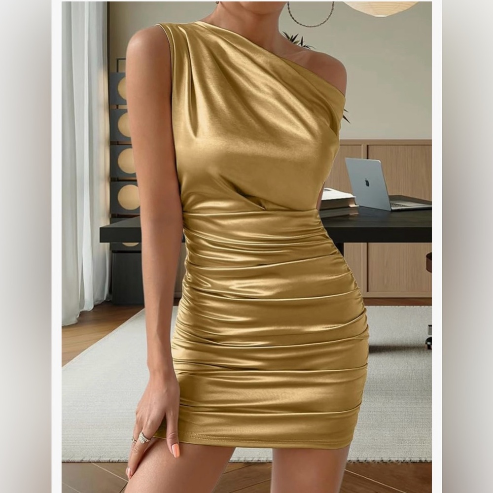 Satin One Shoulder Sleeveless Ruched Bodycon Cocktail Party Mini Dress
